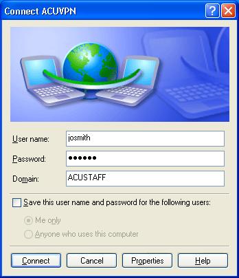 Connecting 1. Double-click on the VPN icon on your desktop. 2. In the Connection window that appears, enter your ACU network login details in the respective username and password fields.