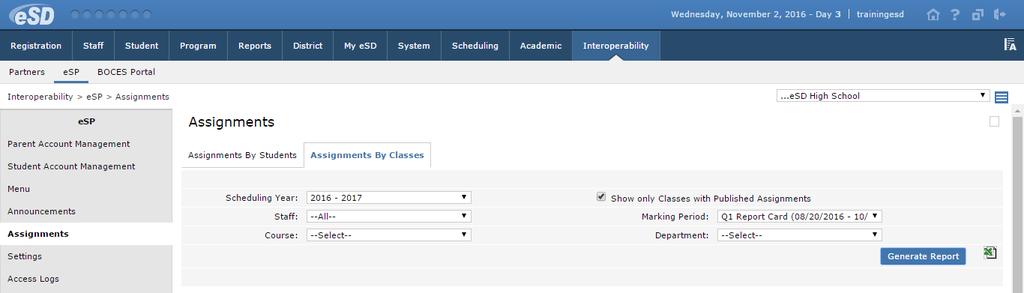 Select the Search criteria (default: Last Name), then click Search to display the Results. Click the Expand icons to reveal specific course and assignment information.