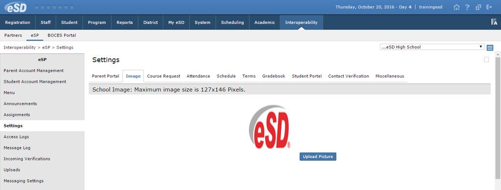 Image Tab (district-level and school-level settings) Use this tab to upload the district logo and individual school logos. The maximum image size will be listed.