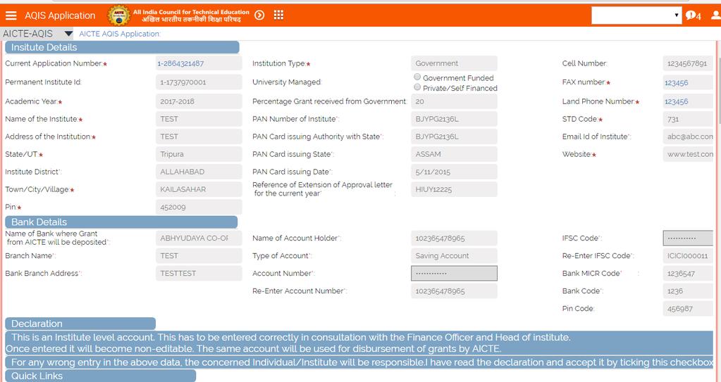 Navigate to AQIS Application Screen by clicking on AQIS Application