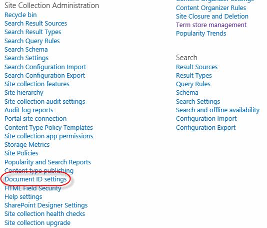Document ID Service 1. Configure the Site Collection Document ID Settings to prefix document IDs with "CONTOSO". A. Click the Settings menu and then choose Site Settings from the options. B.