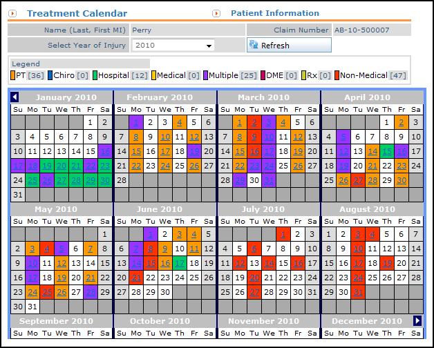 Treatment ENTERPRISE COMP SEARCH CLAIMS & CLAIM DETAILS Click the Treatment link to view a color coded calendar of treatments associated to the claim.