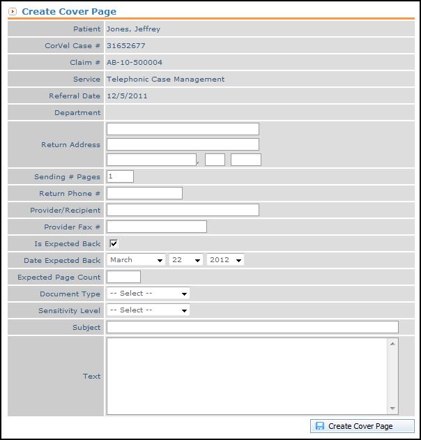 To change the Note View level, click Claim Level or Case Level. Service(s) - Create Cover Page Click the Create Cover Page icon to enter information and print a fax cover sheet.