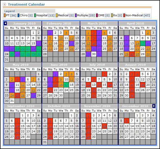 Treatment Calendar The Treatment Calendar displays the number of incidents per category and allows you to drill down into the bill information.