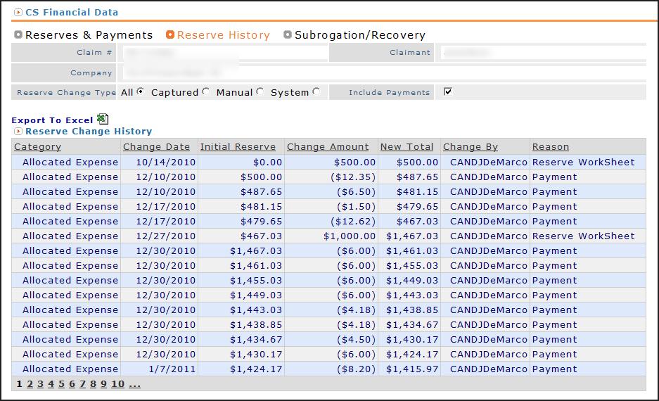 Reserve History Click Reserve History to see a list of reserve changes posted for each major expense category.