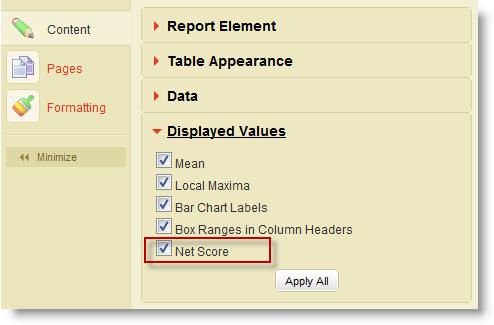 Net Score Reporting Enhance your suite of customer loyalty metrics with the ability to report on the net score value for a specific question.