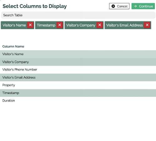 Columns are customizable. Select the gear icon at the top and a pop-up will appear with a selectable choice of columns you can observe and export from the generated visitor book.