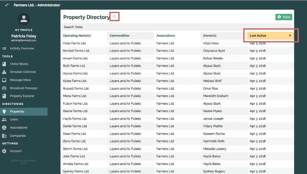Properties Properties is a list of all of the farms you have ownership of. Under Directories, click on Properties. On this screen, Property Owners can sort, search, or edit their personal properties.