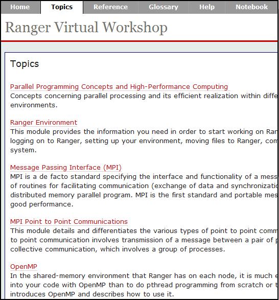 The Ranger Virtual Workshop 1 INTRODUCTION The Ranger Virtual Workshop (VW) is a set of online modules covering topics that help TeraGrid users learn how to effectively use the 504 teraflop
