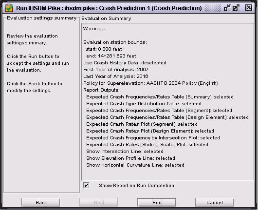 3. IHSDM checked the highway data provided vs. the data that could be used for the crash prediction evaluation. The Data issues screen lists data elements that may need further review.