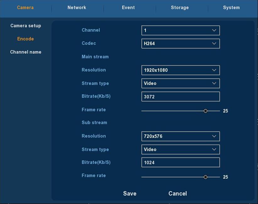 NVR Menu Figure 5-18 Channel: Select the channel you want. Codec: System supports H.264. Resolution: System supports various resolutions, you can select from the dropdown list.
