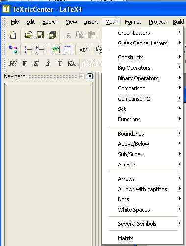 3.2.6 Math 3.2. MENU BAR A wealth of mathematical symbols is available in L A TEX, most of them are displayed on the menu,