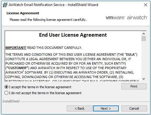 2. Accept the End User License Agreement and select Next. 3.