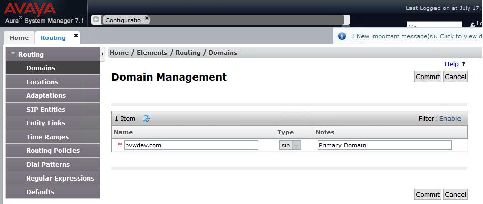 Select Routing Domains from the left pane, and click New in the subsequent screen (not shown) to add a new