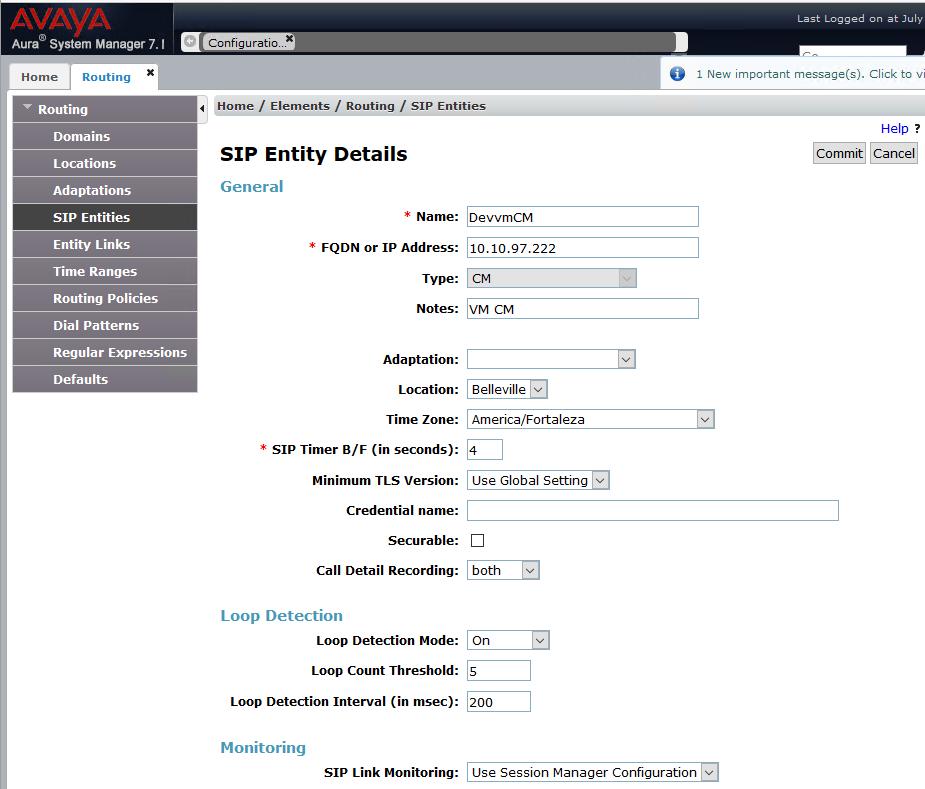 6.5.2. SIP Entity for Communication Manager Select Routing SIP Entities from the left pane, and click New in the subsequent screen (not shown) to add a new SIP entity for Communication Manager.
