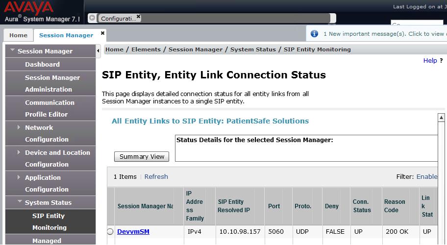 The SIP Entity, Entity Link Connection Status screen is displayed. Verify that Conn. Status and Link Status are Up, as shown below. 8.2.