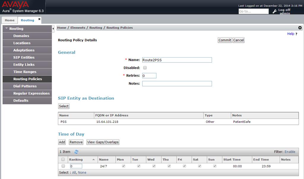 6.4. Administer Routing Policies Select Routing Routing Policies from the left pane, and click New in the subsequent screen (not shown) to add a new routing policy for PatientTouch Communications.