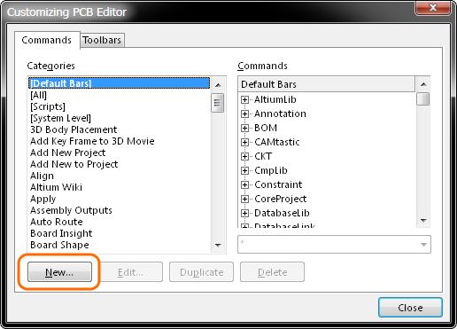To create a new command, click the New button in the Customizing PCB Editor dialog to open the Edit Command dialog