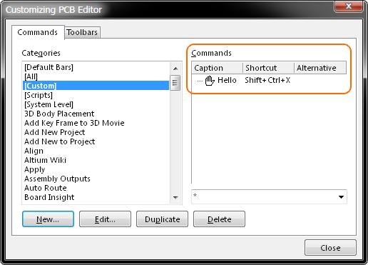 Note that commands are implemented on a server basis, so a Custom command that has been created for the PCB Editor (as above) will not be available in other severs, such as the Schematic Editor or