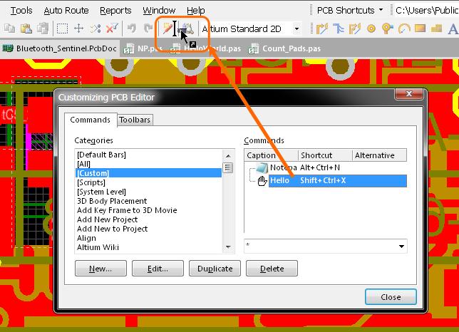 Toolbars To assign a custom command to the PCB editor's main menu or Toolbar menu for example, open the Customizing PCB Editor dialog, locate the custom command and