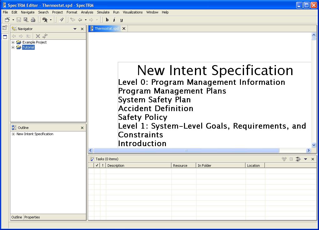 Figure 7 - New Intent Specification Notice that the type right portion of the perspective is now taken up by the specification editor.