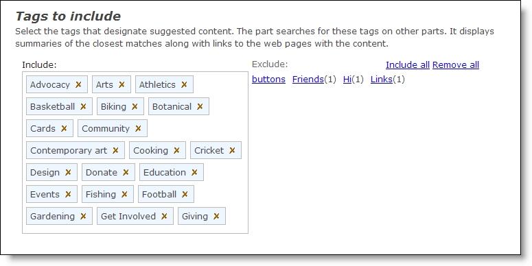 PA RTS 197 3. Under Tags to include, select the tags and interests to include in the suggested content. By default, the part includes all eligible tags and interests.