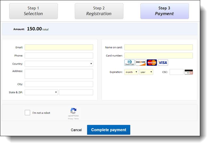 PA RTS 93 Step 3 Payment On the third page of the event registration process, the program renders the secure payment page on the Blackbaud server to process transactions for event registration