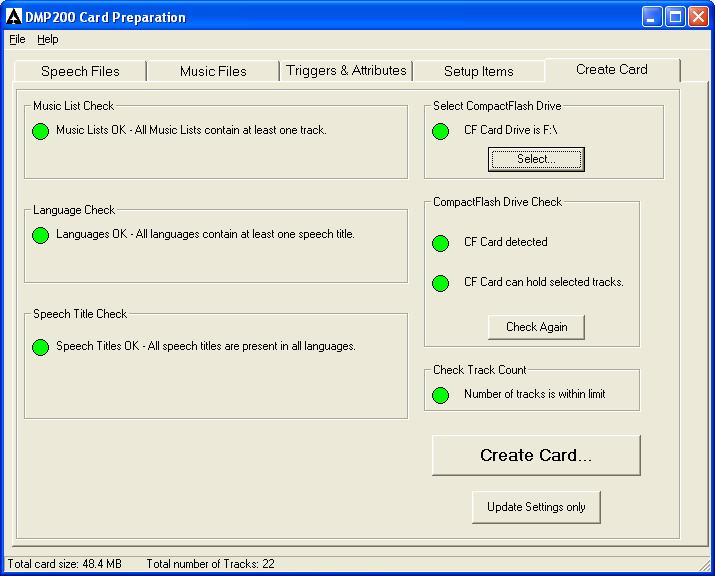 6.5 To Copy all Files and Settings to the Card: When you are ready to generate the actual memory card, click on the Create Card tab: CardPrep will run through your configuration settings and check