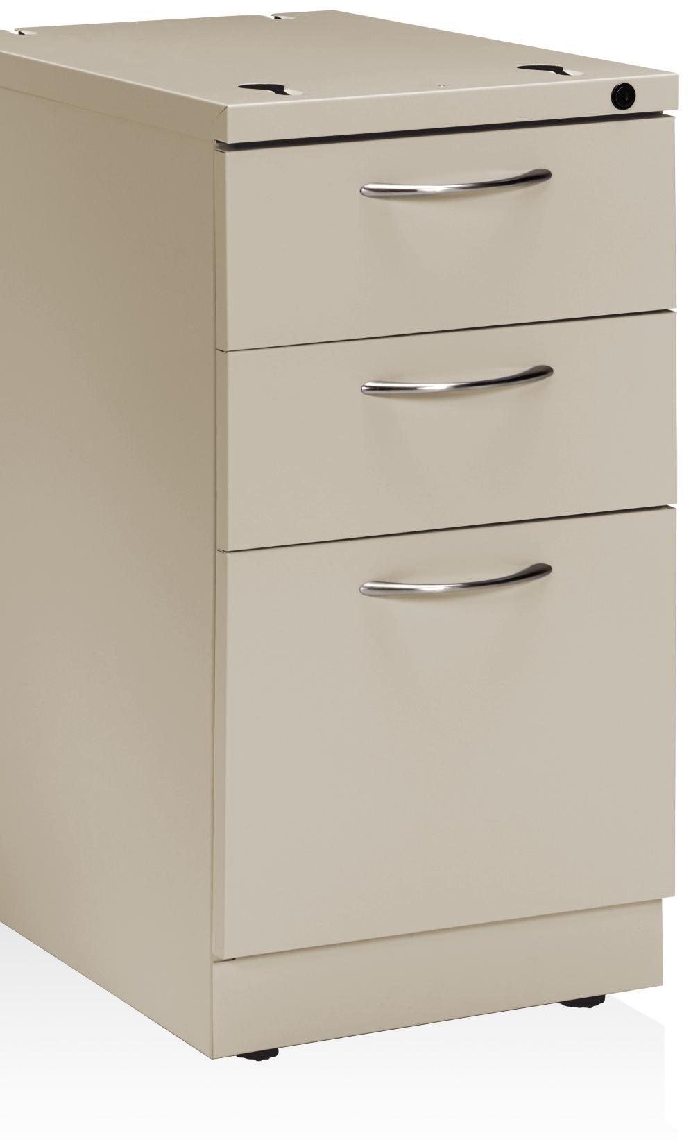 Shoulder bolts screwed into the underside of the worksurface engage with the keyhole slots in the tops of the file cabinets to easily and securely join the two during