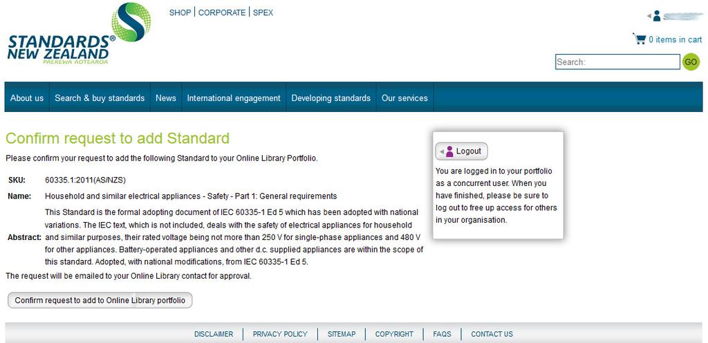 person advising that you have requested the standard to be added to your Online Library portfolio NOTE: The name you logged in with, which appears at the top of the page, will be advised in
