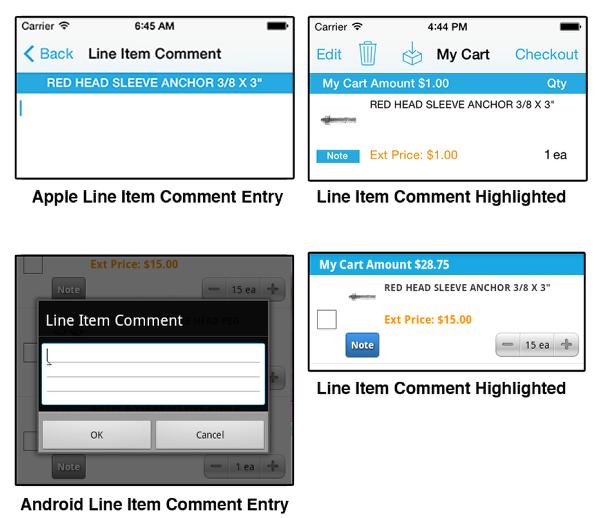 Line Item Comments Another feature of the shopping cart is the ability to add line item comments to a product. You will see a Note button under the thumbnail image for each product.