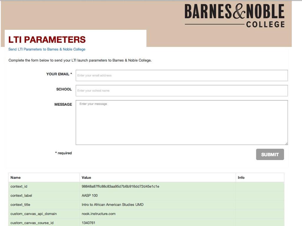The LMS Administrator will need to click on the link Send LTI Parameters to Barnes Noble College.