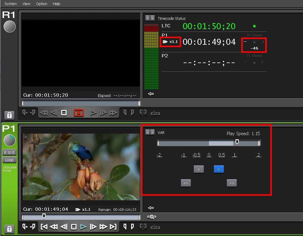 TIP: Chasing R1 LTC Timecode Manually If P1 or P2 is delayed from R1 LTC timecode, the playback channel can chase the R1 LTC timecode in a manual operation.
