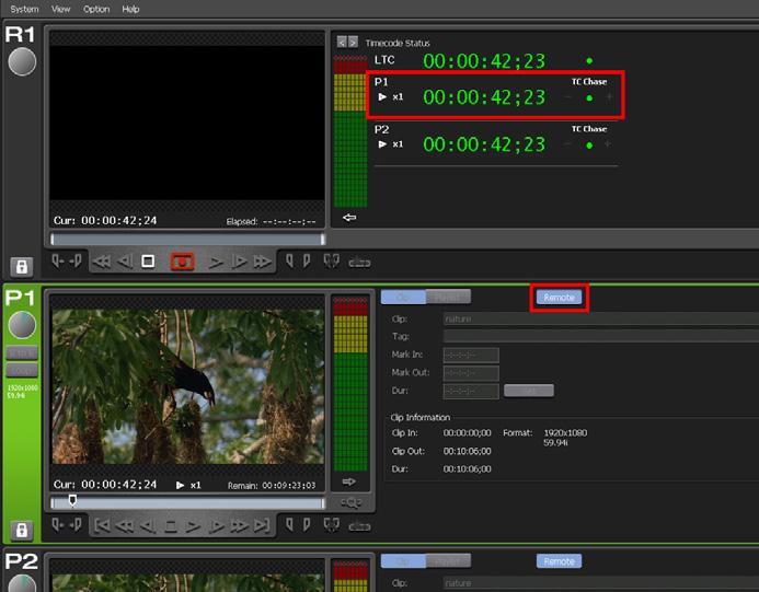 2) Activate Timecode Chasing To start timecode chasing, click the [Remote] button in the P1 (or P2) channel view.
