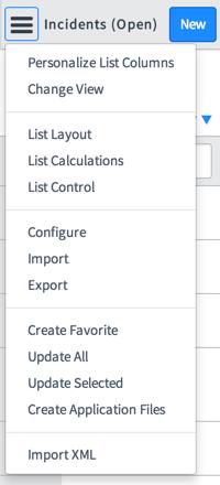 List title menu in List v3 The options that appear are based on the user's role. Pictured are the options that administrators see.