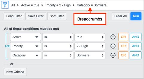 Figure 53: Breadcrumbs, List v3 Examples: Clicking Priority = 2 removes the condition Category = Software and returns all active incidents with a priority of 2.