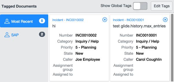 2. 3. Optional: Click Show Global Tags to display global tags. Perform one of the following actions: Option Description Display most recently viewed documents Click Most Recent in the sidebar.