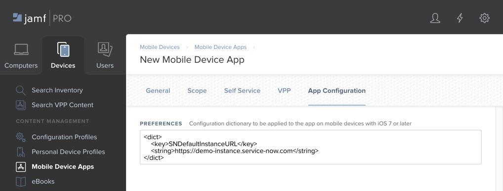 After the instance is configured for the mobile app, configure the app settings to distribute the app to mobile devices in the scope.