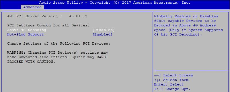 12 PCI Subsystem Setting Figure 4-3-12 : PCI Subsystem Settings Above 4G Decoding Globally Enables or Disables 64bit capable Devices to be Decoded in Above 4G