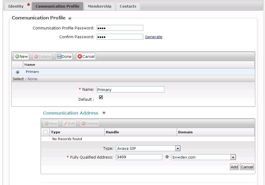 In the Communication Address section select New; for Type select Avaya SIP from the drop down list.