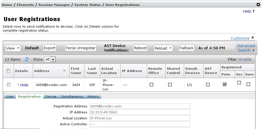 Verify the status of Account 1 and Account 2 should change to Registered as shown below in the web administration interface.