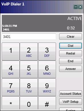 Use the VoIP Dialer 1 window from the CSD to place and receive outgoing and incoming calls from the Account 1.