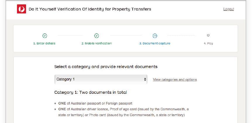 4.4 Document capture You will then be taken to the Document capture screen, where you must select the appropriate document category for the identity documents presented by your client in order to
