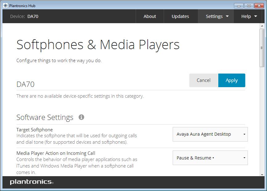 7. Configure Plantronics DA-70/80 USB Processors and Plantronics SupraPlus HW251N/261N Headsets This section provides the configuration steps for Plantronics Hub software, Plantronics DA- 70/80 USB