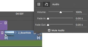 Then enter 3 seconds for Fade In and 5 seconds for Fade Out. 6 Click an empty area of the Timeline panel to close the Audio panel, and save your work so far.