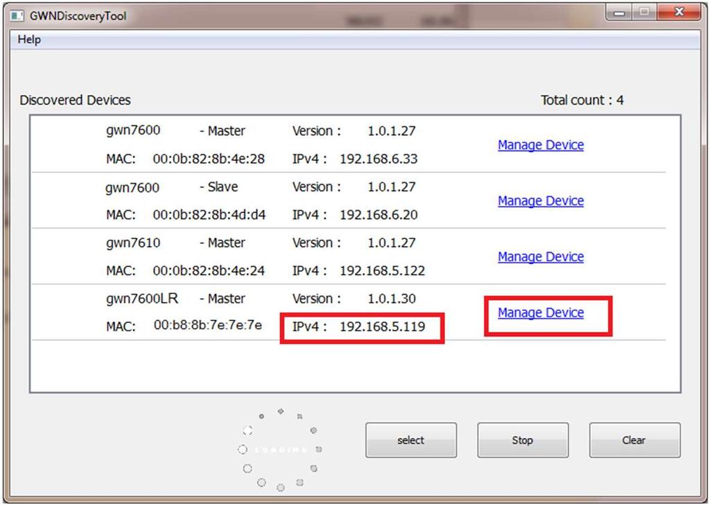 Installation & Deployment GWN76xx AP Discovery using GWN Discovery Tool Open the GWNDiscoveryTool, click on Select to define the network interface, then click on Scan.