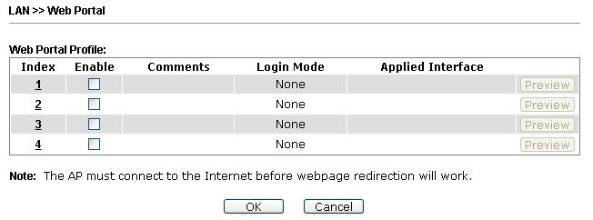 3.2.3 Web Portal This page allows you to configure a profile with specified URL for accessing into or display a message when a wireless/lan user connects to Internet through this router.