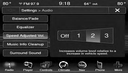 28 RADIO MODE Speed Adjusted Volume Music Info Cleanup Press the Speed Adjusted Volume button to activate the Speed Adjusted Volume
