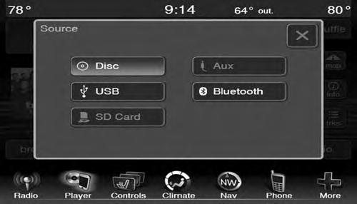 50 SD CARD MODE OVERVIEW SD Card Mode is entered by inserting a SD Card containing music into the SD Card slot above the Disc slot on the Instrument Panel or by pressing the Player button located at