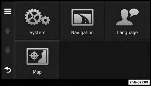 CUSTOMIZING THE NAVIGATION SYSTEM 1. From the main menu press Settings. 2. Press a setting category. 3. Press the setting to change it. NAVIGATION (8.